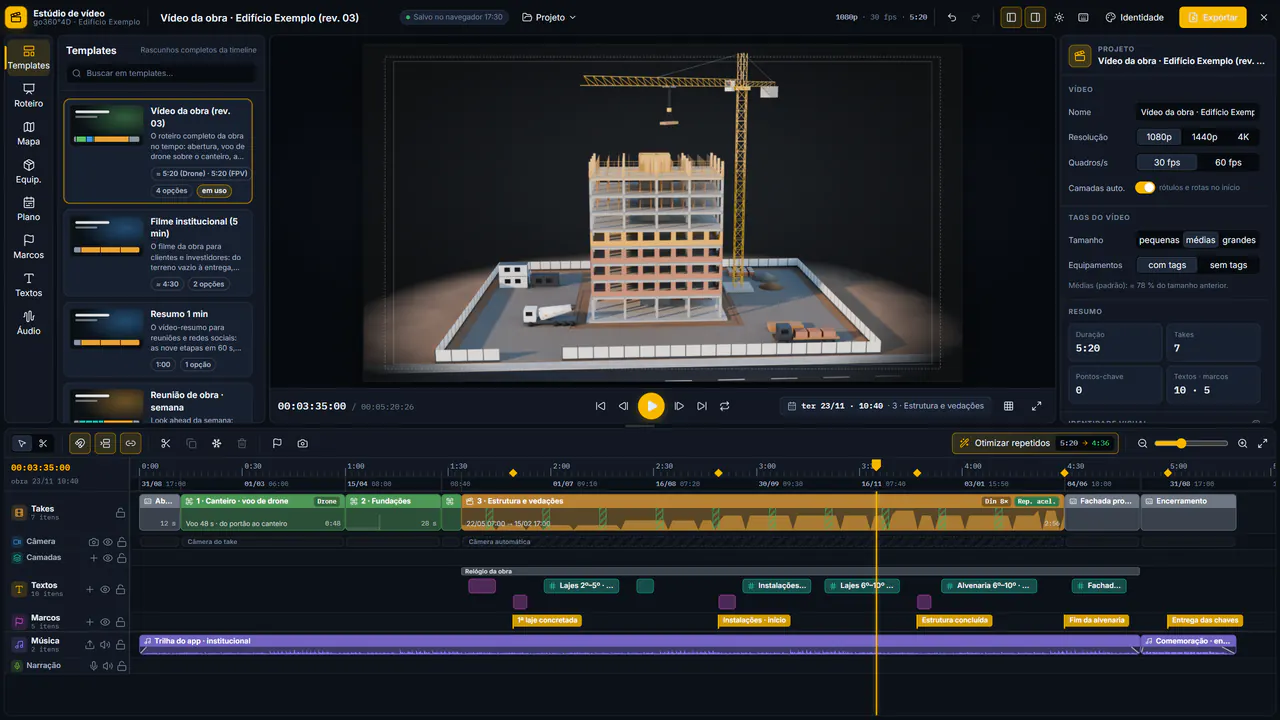 Estúdio de vídeo da plataforma: templates à esquerda, prévia do prédio-exemplo ao centro, resolução e quadros por segundo à direita e, embaixo, a timeline com takes, textos, marcos e a trilha de música.