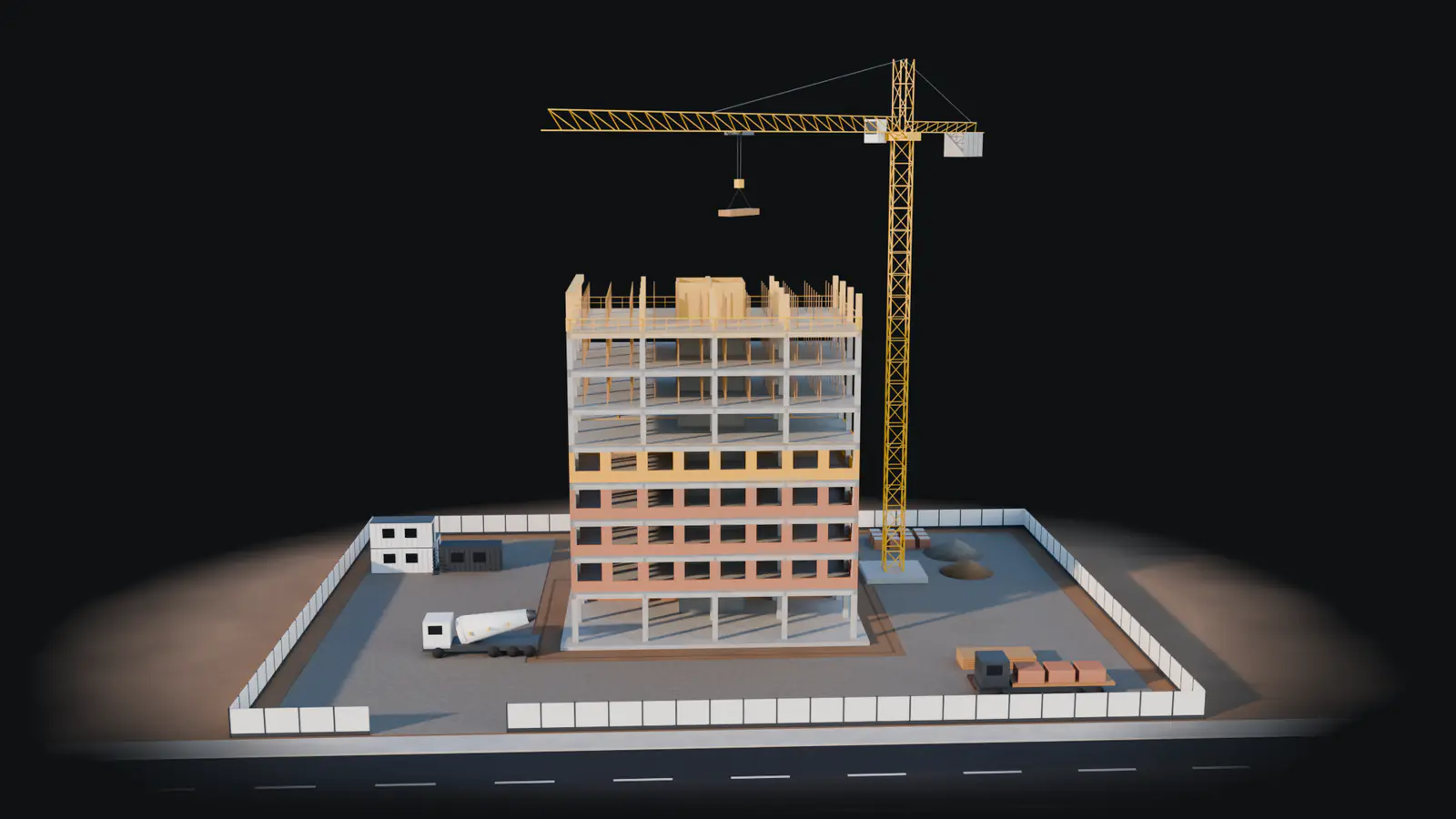 Prédio em construção em 8 nov 2027: estrutura (pilares do 8º pavimento), alvenaria e vedações (5º pavimento) e instalações (2º pavimento) em andamento