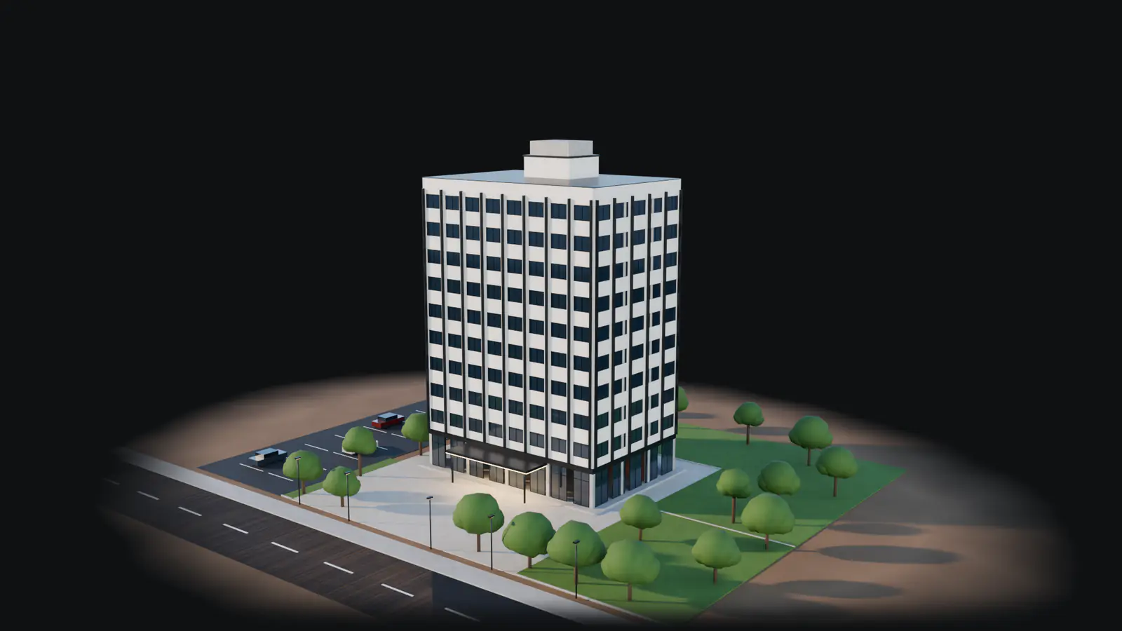 Prédio concluído em 31 ago 2028: obra entregue, com marquise, estacionamento e jardins